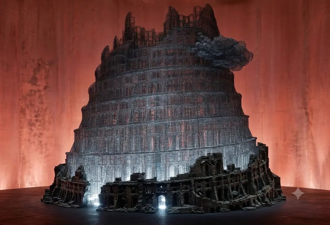 A tower of Babel built of luminous wire mesh, rising from solid stone ruins