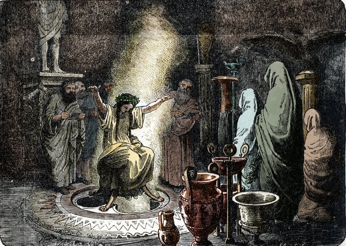 Heinrich Leutemann, The Oracle at Delphi (hand-coloured engraving)