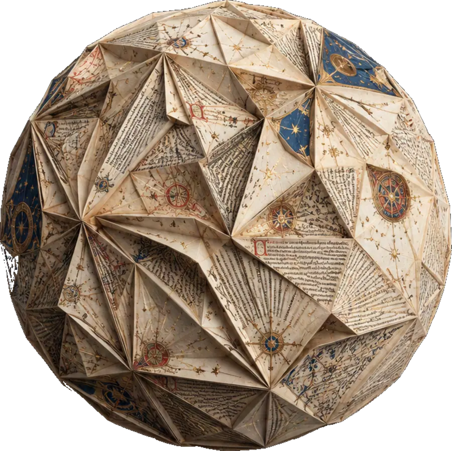 A geodesic globe folded from historic map and manuscript leaves, lit in gold, lapis and vermilion