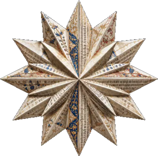 A folded-manuscript compass-star, one of the conference's illuminated origami figures