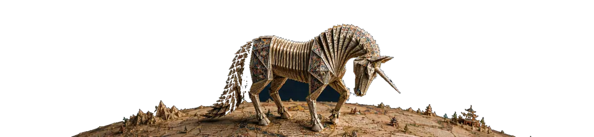 An origami unicorn folded from manuscript and map leaves, walking across the illuminated paper globe — an emblem of the conference