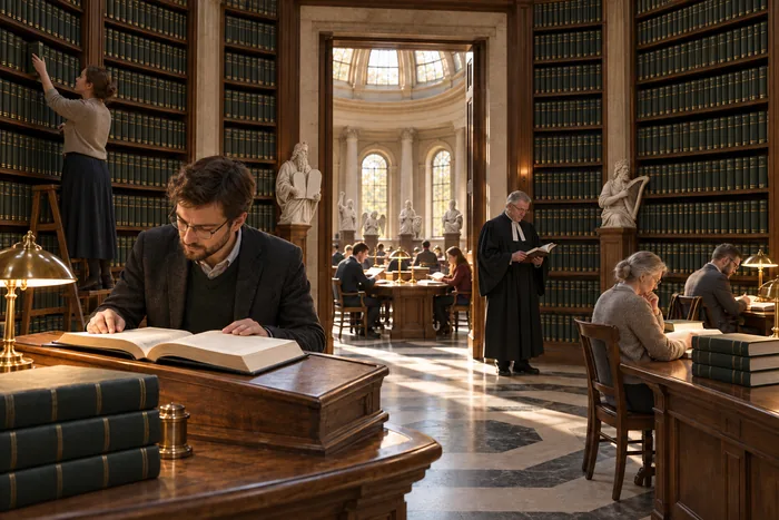 Members of a Reformed theological faculty at work in a reading gallery lined with green volumes. A senior member in a black gown and white bands reads by the door to a domed reading room, between marble figures of Moses and King David.