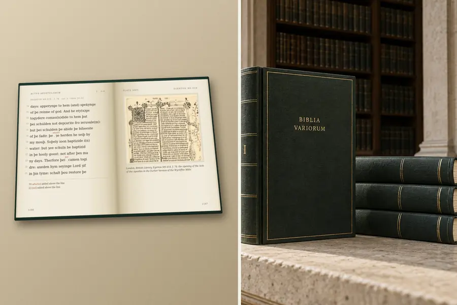 Two views of the edition: a volume lying open at the Acts of the Apostles, with a photographic plate of a medieval page facing the transcription; and forest-green volumes lettered Biblia Variorum on a stone plinth in a long library