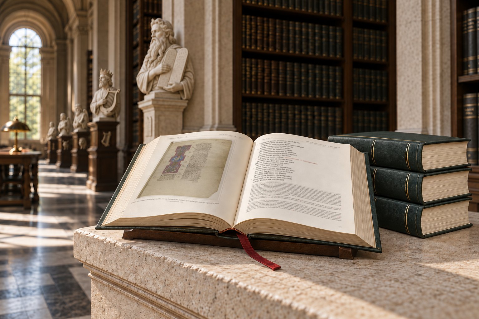 A volume of the Variorum Edition lies open on a stone plinth in a long library, beside three closed volumes, with busts of Moses and King David behind. The left page reproduces a photograph of Codex Colbertinus, folio 68r; the right page gives its transcription of John 1:12–18 and the first words of 1:19, with an apparatus.