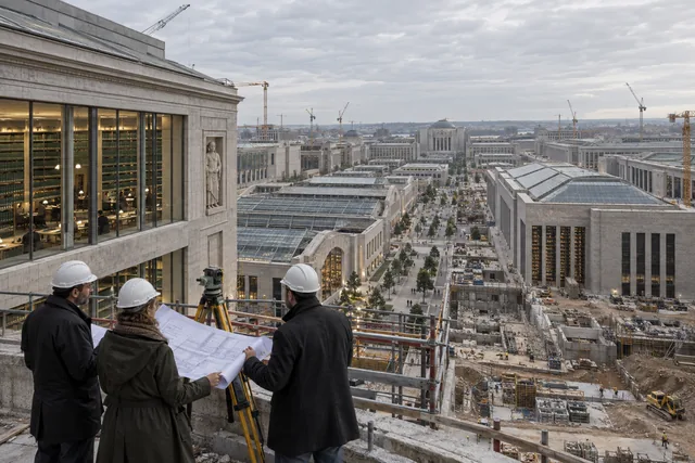 Architects in hard hats survey a library construction district, with large buildings and cranes beyond them.