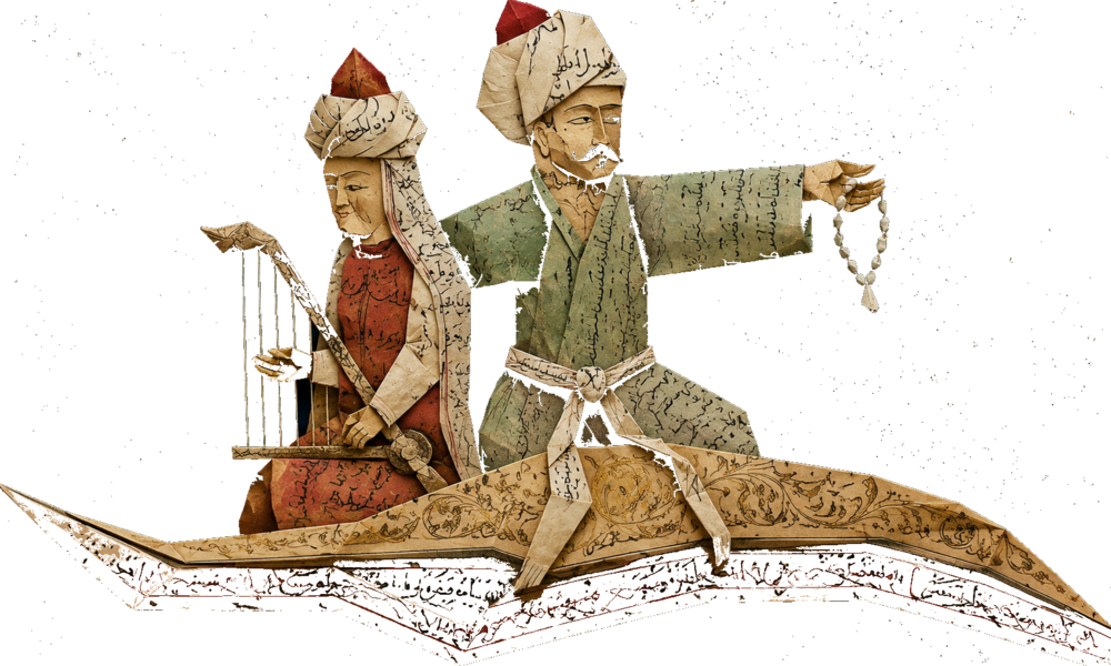 Two storytellers on a manuscript flying carpet