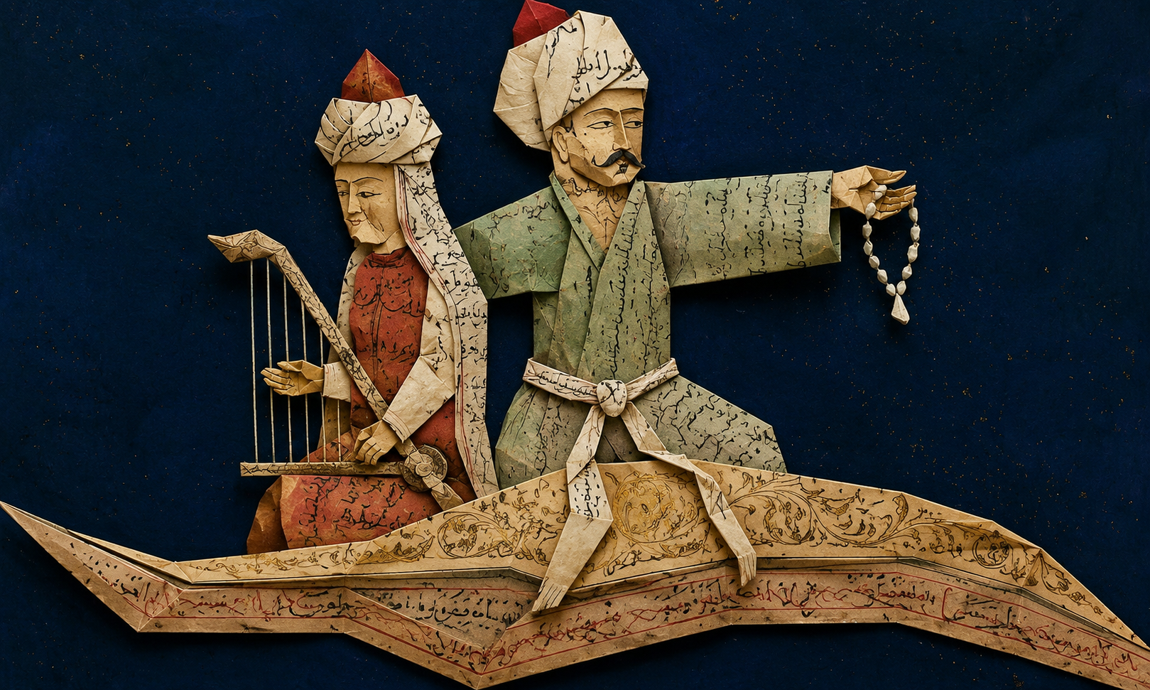 Two storytellers on a manuscript flying carpet — One Thousand and One Conjectures